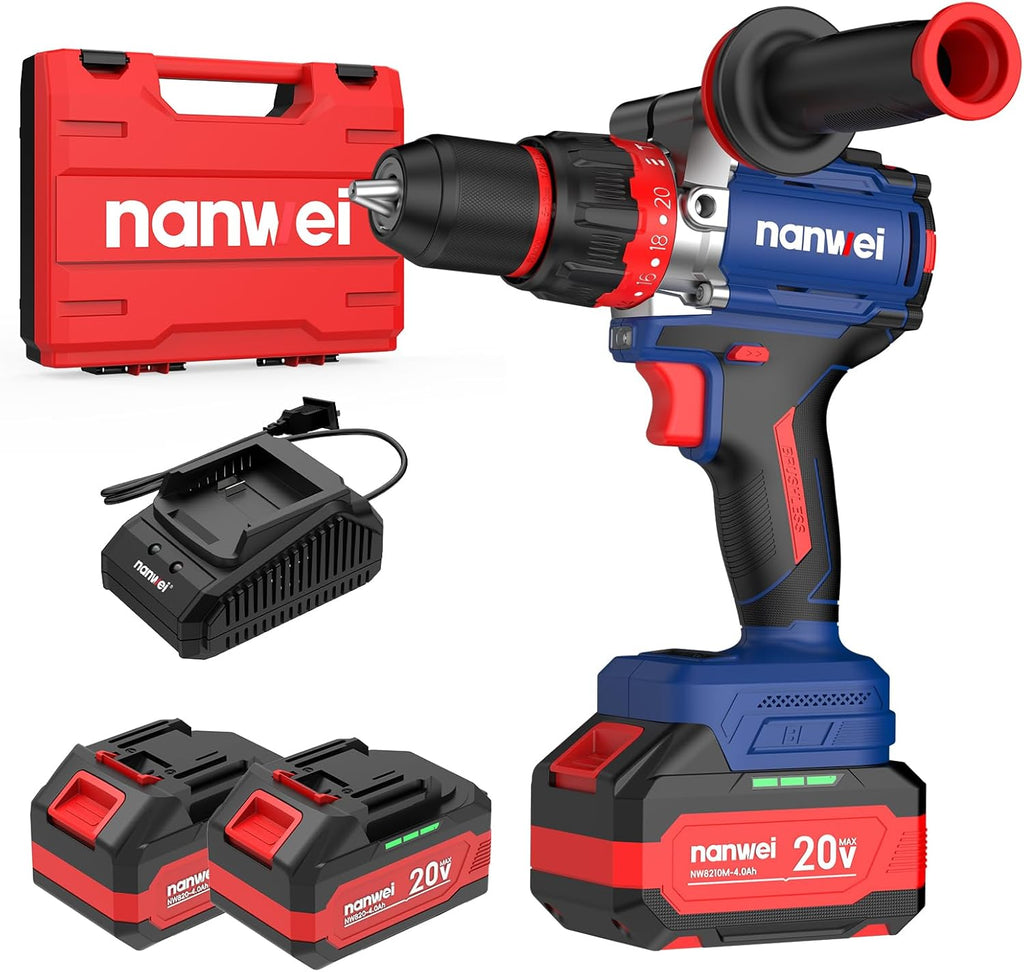 NANWEI Hammer Drill, 1100 in-lbs, 26000BPM, 1/2" Keyless Metal Chuck, 20+1+1 Clutch, 2x4.0Ah Batteries, 20V Brushless Cordless Heavy-duty Impact Drill Kit for Drilling concrete,Brick Wall, Metal, Wood
