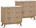 T4TREAM Fluted 3 Drawers Nightstand Set of 2, Oversized Extra Large Modern Side Table with Faux Marble Top, End Table Bedside for Bedroom, Living Room, Curved Profile Design, Natural Oak