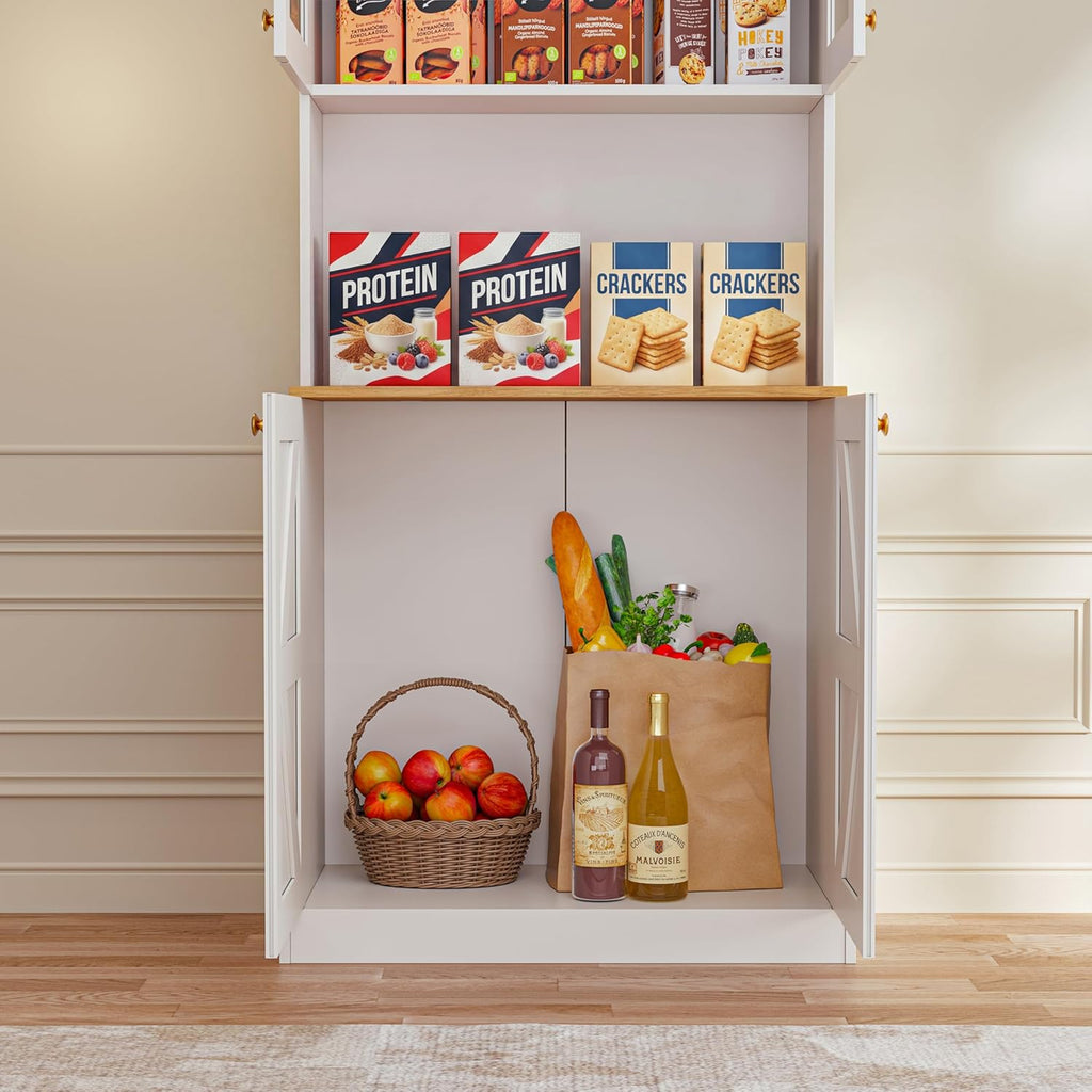 Vyre 71" Farmhouse Kitchen Pantry Cabinet Set of 2, White Freestanding Coffee Bar Hutch with Glass Doors & Adjustable Shelves, Large Storage Cabinet with Microwave Stand for Living Room & Kitchen