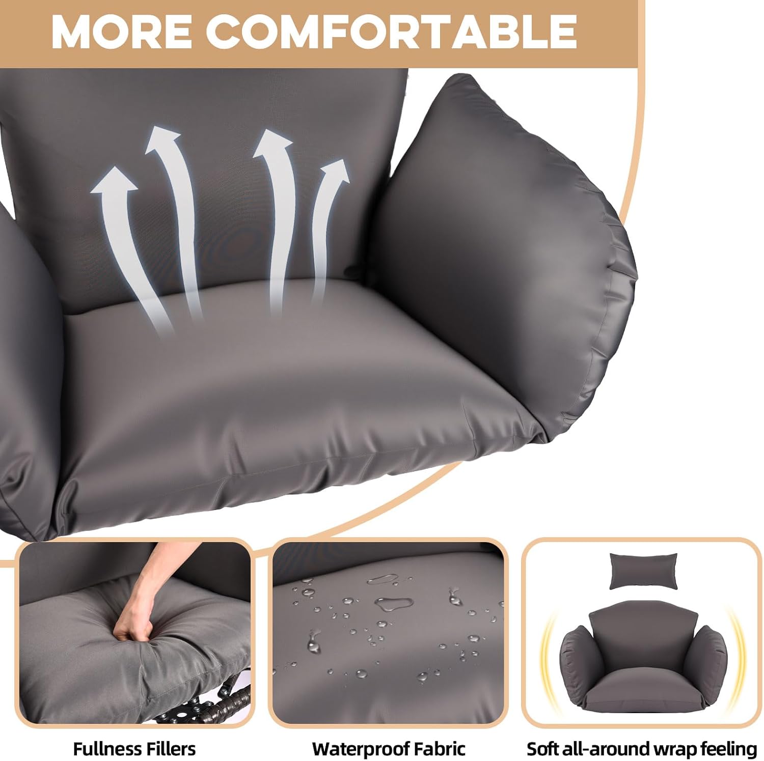 Egg Chair with Stand Outdoor Ratten Wicker Hanging Egg Chair Outdoor Indoor with Thickened Cushion Swing Chair Hammock for Patio Apartment Bedroom Garden Balcony (Dark Grey Wicker+Grey Cushion)