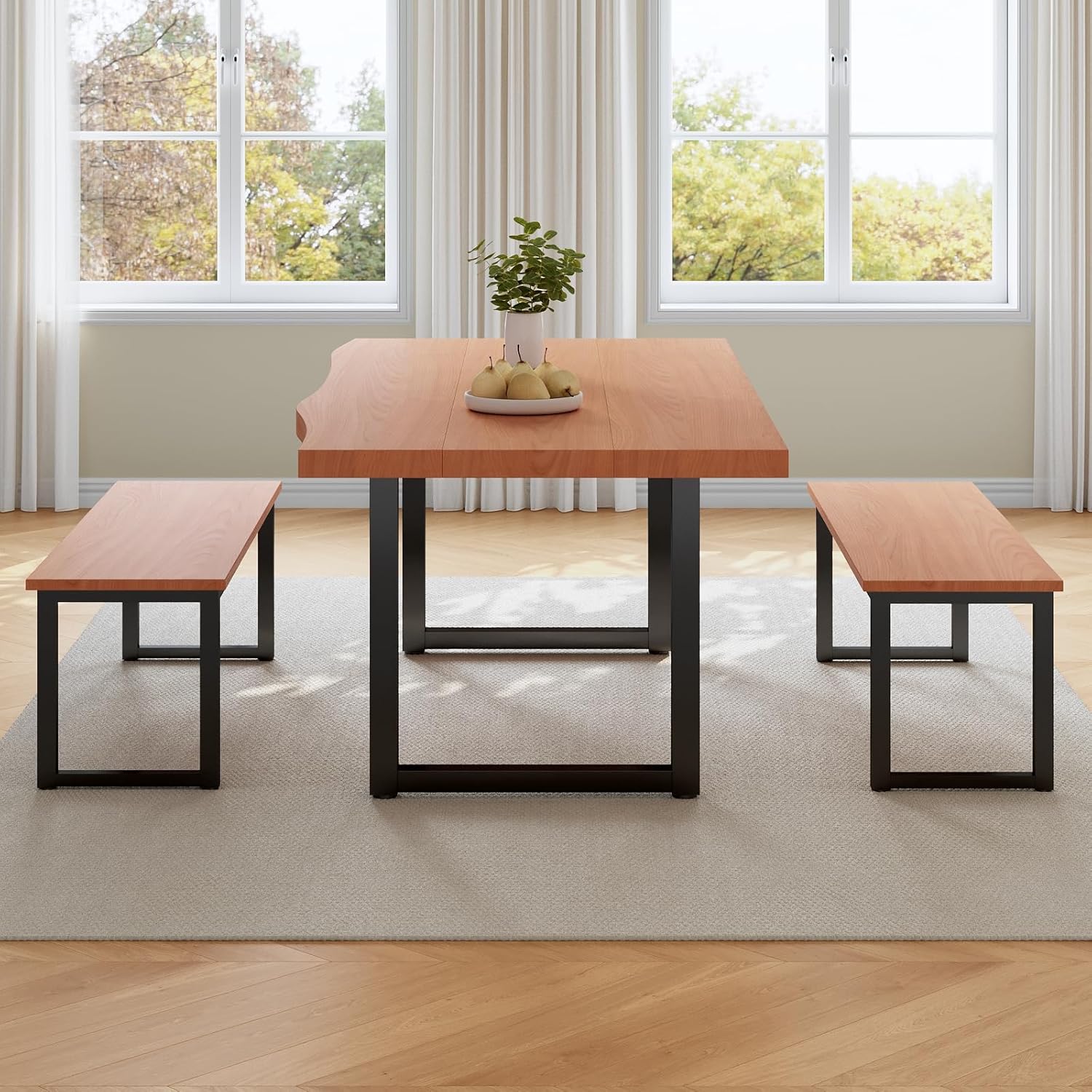 63" Dining Table with 2 Bench, Modern Kitchen Table Set for 4 to 6 Persons, Thickened MDF Wooden Table for Dining Room, Kitchen,Living Room