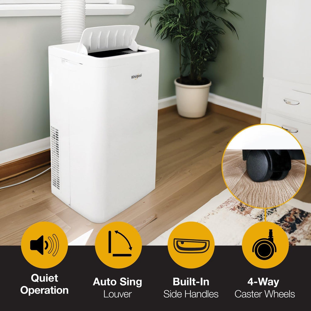 Whirlpool 14,000 BTU Portable Air Conditioner with Dehumidifier for Living Room, Apartment, or Bedroom, 115V, Portable AC for Large Rooms up to 700 Square Feet with Remote, 3 Speeds, and Timer, White