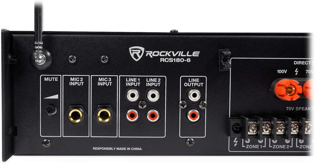 Rockville RCS180-6 180W 6-Zone 70v Commercial Amplifier  Bluetooth  USB/SD/RCA  Mic  Optical Inputs  FM  for Restaurants/Offices
