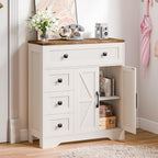 Vabches Farmhouse Storage Cabinet with 2 Doors and 4 Drawers, Freestanding Bathroom Storage Cabinet Kitchen Pantry, Floor Hutch Cupboard for Living Room/Bathroom/Kitchen.(Antique White