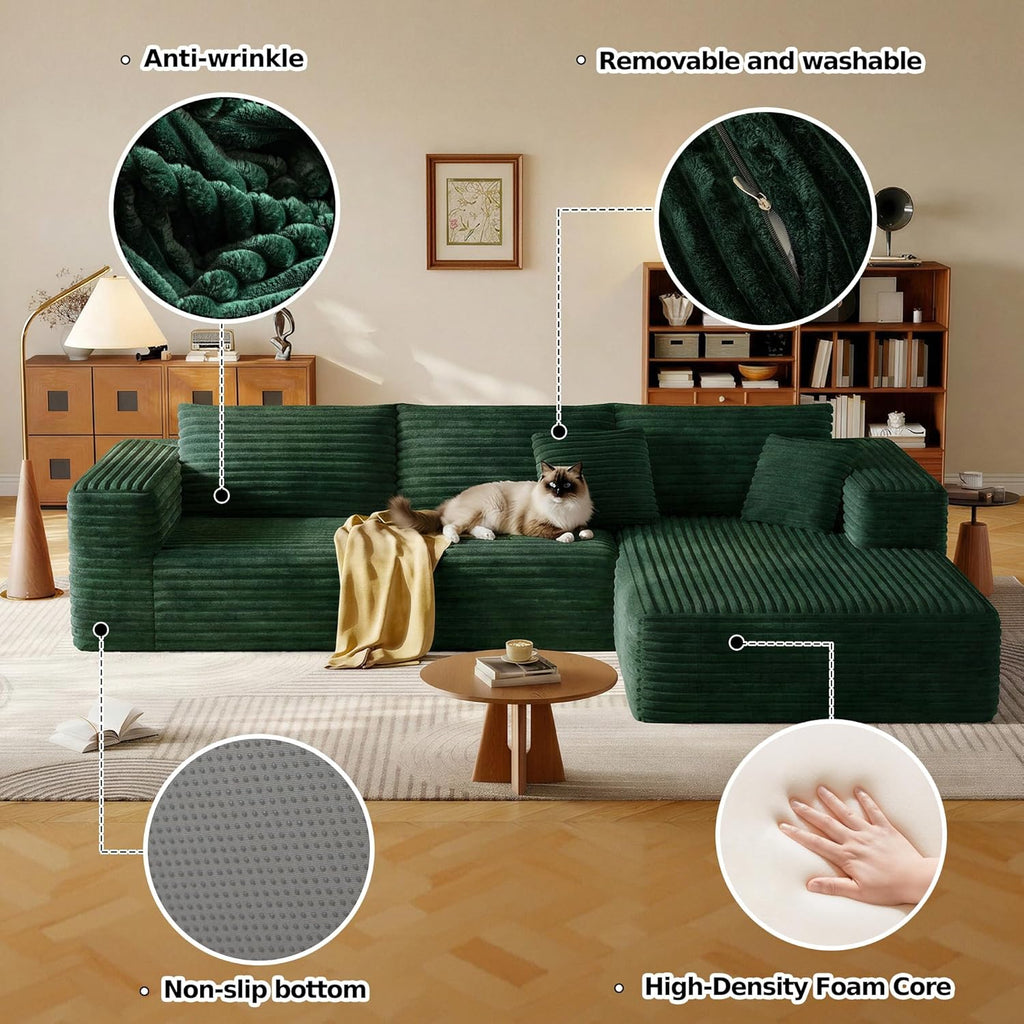 108.2" Modular Sectional Sofa with Deep Seat, Boneless L Shaped Corduroy Couch Modern Comfort, Cloud Couch Oversized for Living Room No Assembly (Right Facing Chaise,Green)