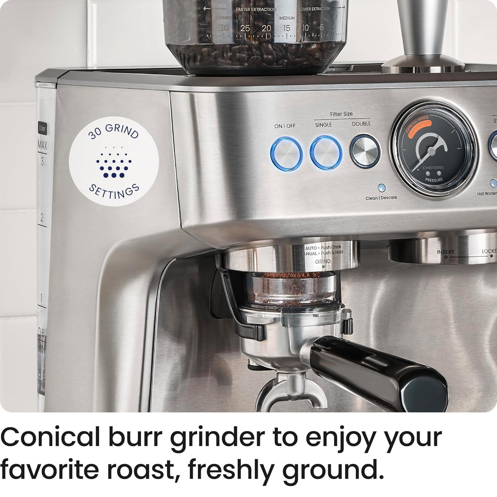 Chefman Crema Supreme 15 Bar Espresso Machine with Milk Frother, Barista Steam Wand, Professional Coffee Maker with Coffee Grinder, 30 Grind Settings, 3L Removable Water Tank - Stainless Steel