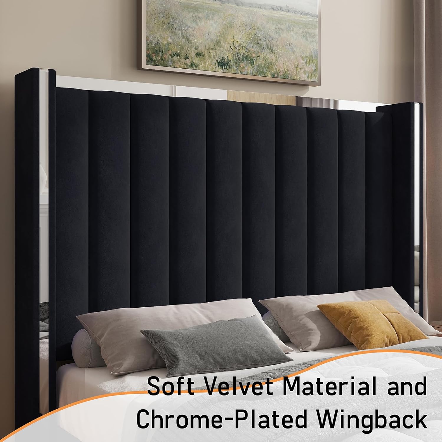 Jocisland King Size Bed Frame with 58" Tall Headboard, Velvet Upholstered Platform Bed with Channel Tufted Wingback Headboard and Plating Trim, No Box Spring Needed, Black