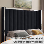 Jocisland Queen Size Bed Frame with 58" Tall Headboard, Velvet Upholstered Platform Bed with Channel Tufted Wingback Headboard and Plating Trim, No Box Spring Needed, Black