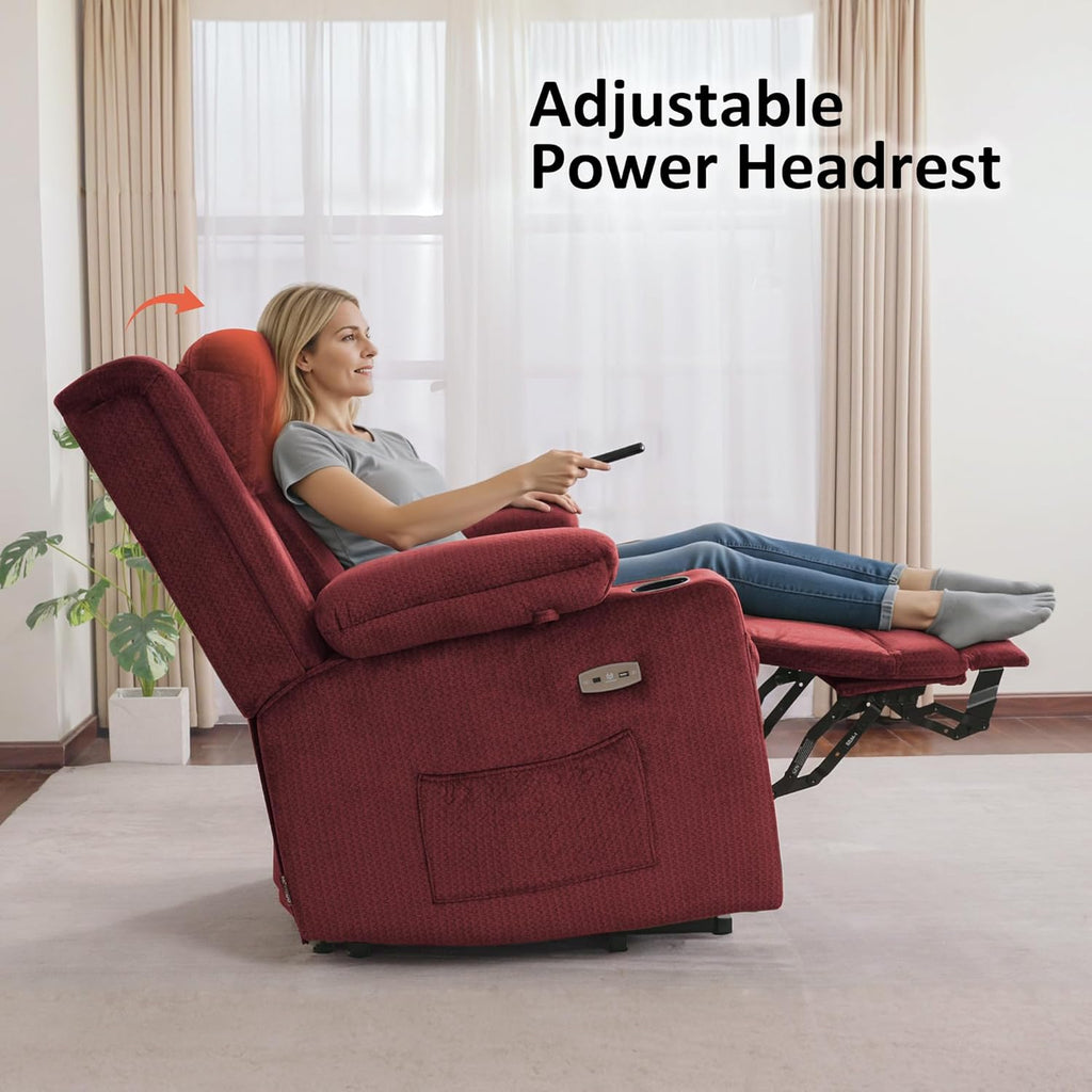 MCombo Triple Motor Power Lift Recliner with Massage and Heat, Electric Recliner Chair for Elderly People, Adjustable Headrest, Infinite Position, Cup Holders, USB Ports, Fabric 7661(Burgundy, Medium)