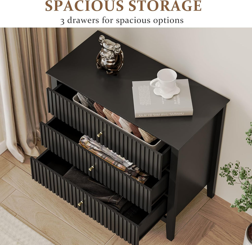 RoyalCraft 32" Large Nightstand Set of 2, Fluted Painted Bedside Table with 3 Spacious Drawers, Modern Tall End Table for Bedroom, Black