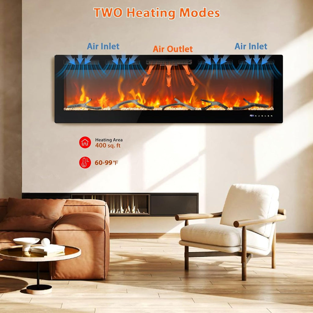 60 in Electric Fireplace, Recessed/Wall Mounted Linear Fireplace with WiFi & Remote Control, Multicolor Flame Effect, 750W/1500W Heating, Includes Log & Crystal Decor, Black