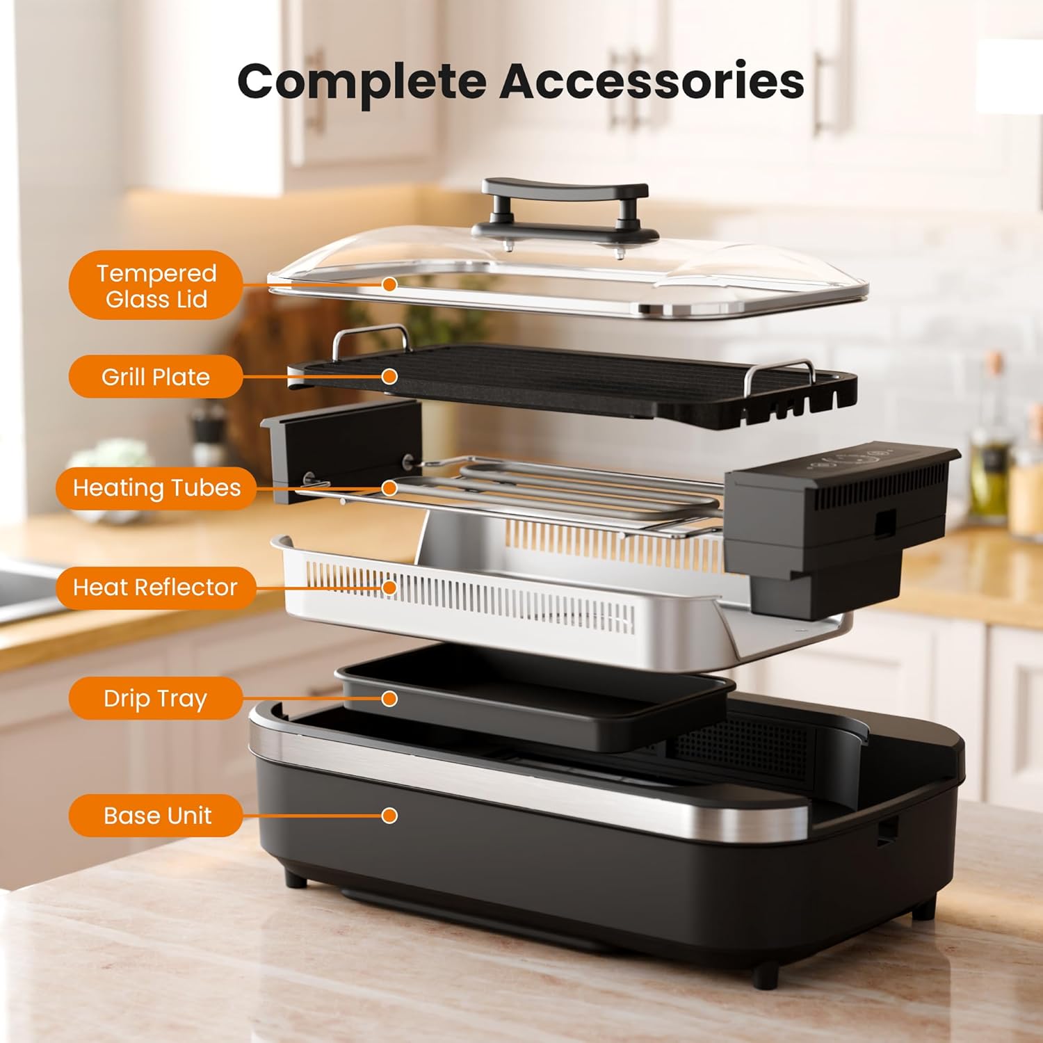 Kismile Smokeless Indoor Grill, 1500W Electric Indoor Grill for Korean BBQ with 6-Level Temp Control, Removable Glass Lid, Non-Stick Grill Plate, Turbo Smoke Extractor, Auto Shut Off & Dishwasher Safe