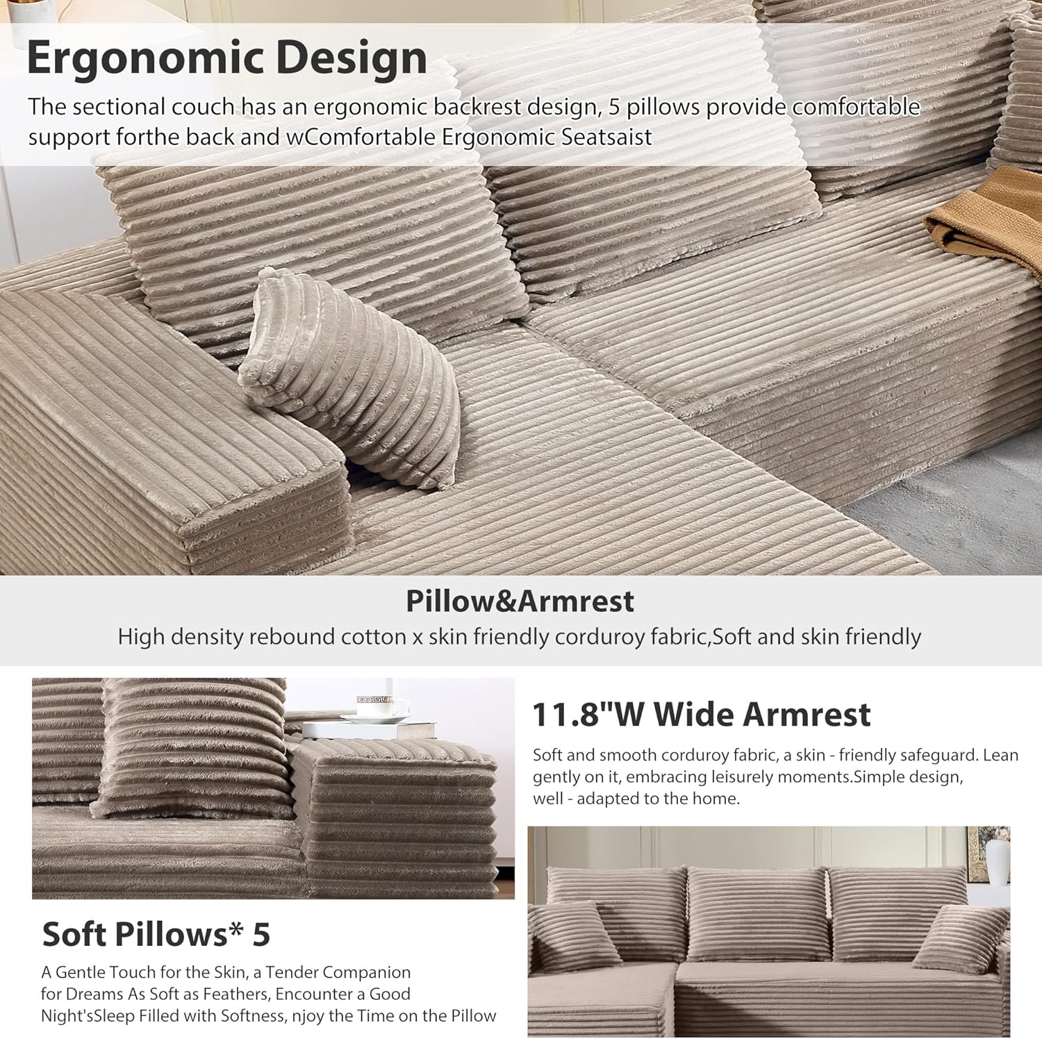 107.5" Cloud Sectional Couch with L-Shape Chaise, Modern Cloud Couch with Deep Seat, Modular Sectional Couches for Living Room, Apartment, Office, No Assembly Required