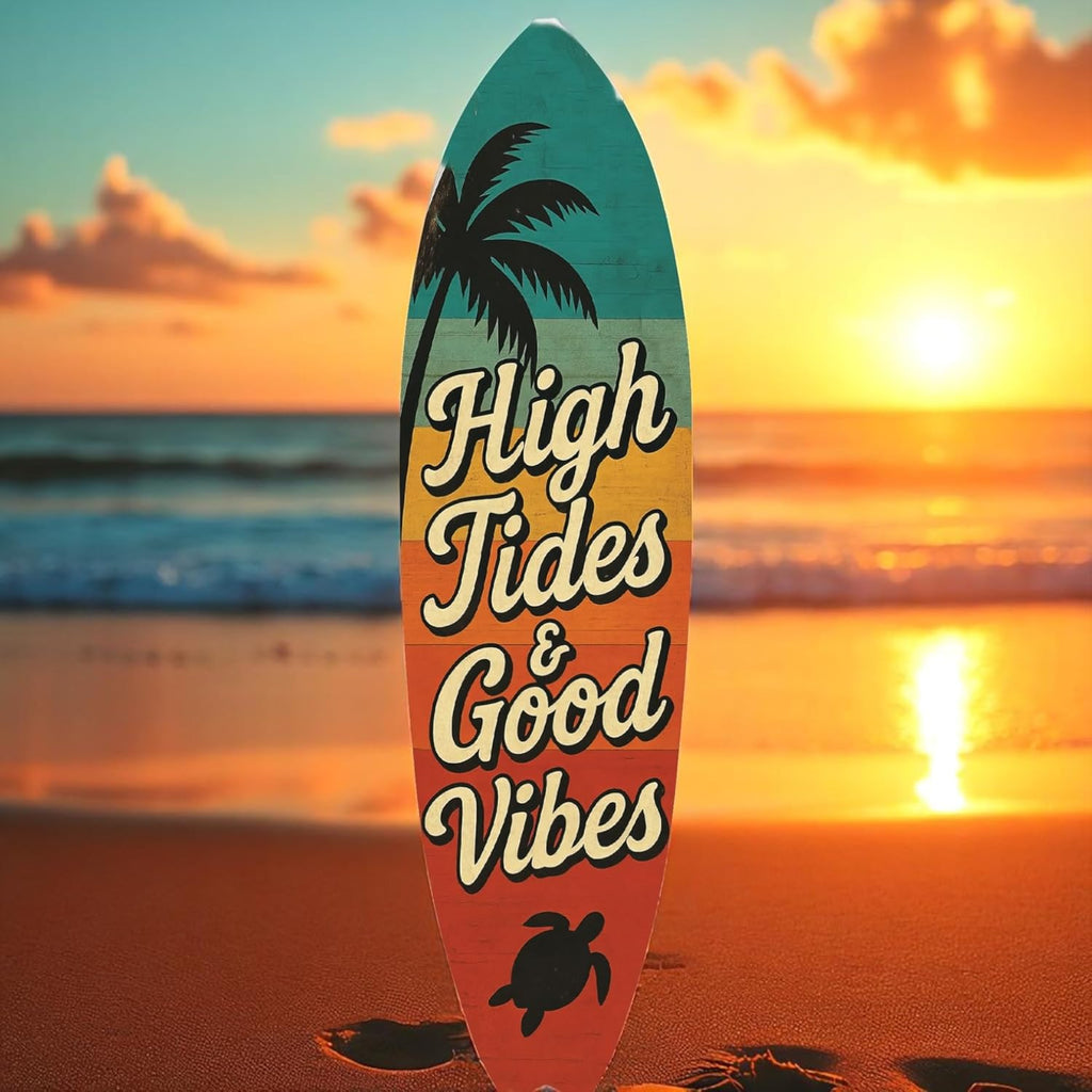 JennyGems High Tides Good Vibes Surfboard Sign Coastal Wall Decor with Sea Turtle, Palm Tree, Retro Beach House Art, Indoor Outdoor PVC, 5 Foot