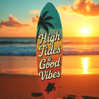 JennyGems High Tides Good Vibes Surfboard Sign Coastal Wall Decor with Sea Turtle, Palm Tree, Retro Beach House Art, Indoor Outdoor PVC, 5 Foot