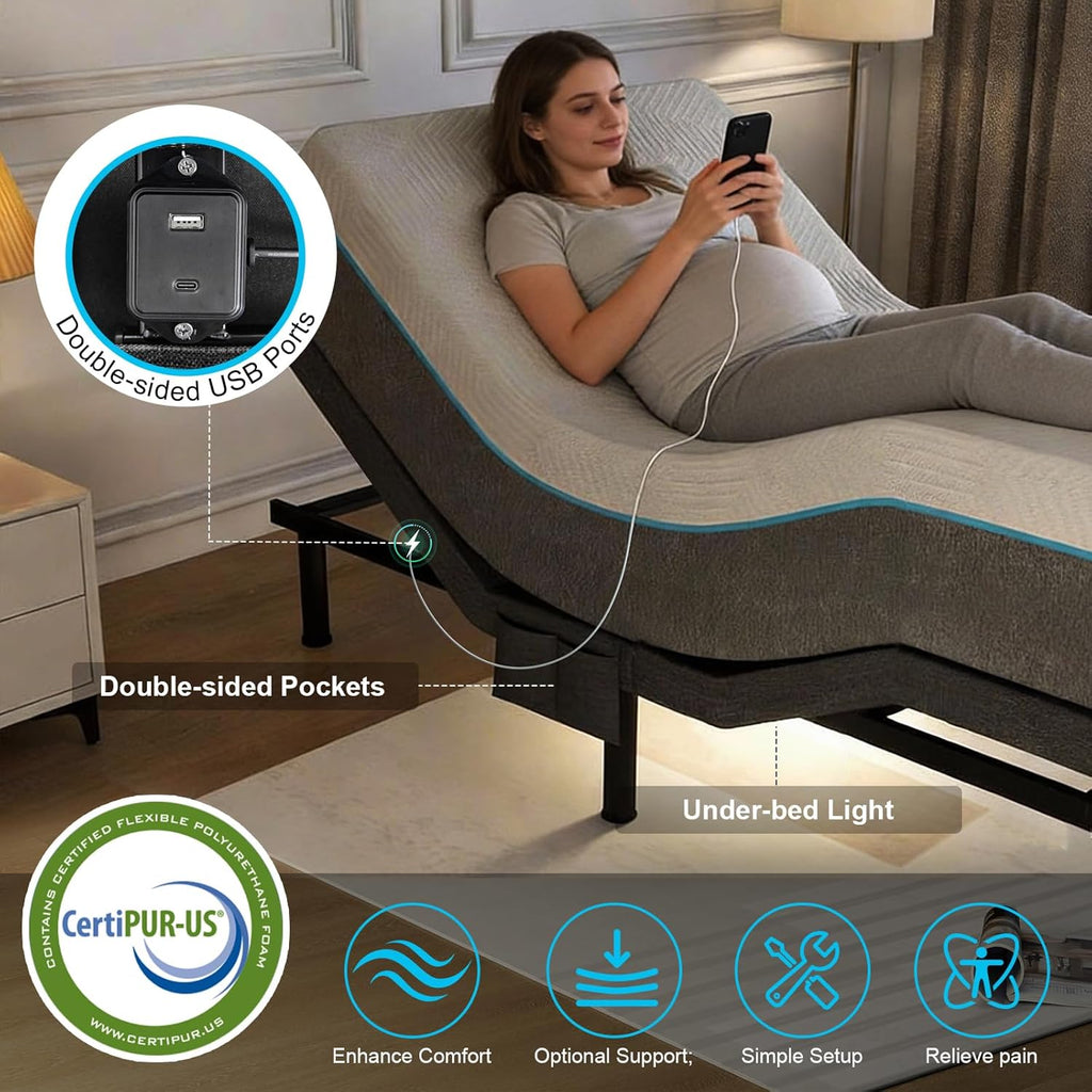 Vipbear Queen Adjustable Bed Base - Dual Motor Bed Frame with Wireless Remote, Zero Gravity/Anti-Snore/TV Mode, Under-Bed LED Light & 4 USB Ports, 3-Height Adjustable Legs