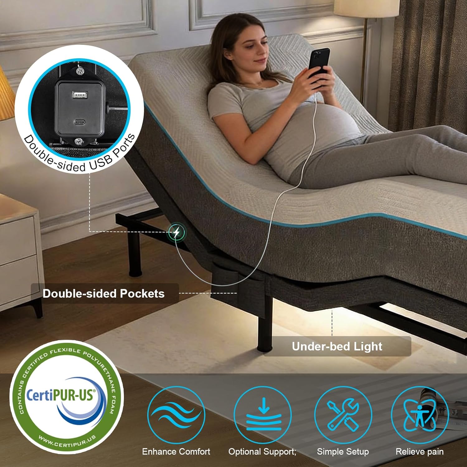 Vipbear Twin XL Adjustable Bed Base - Dual Motor Bed Frame with Wireless Remote, Zero Gravity/Anti-Snore/TV Mode, Under-Bed LED Light & 4 USB Ports, 3-Height Adjustable Legs
