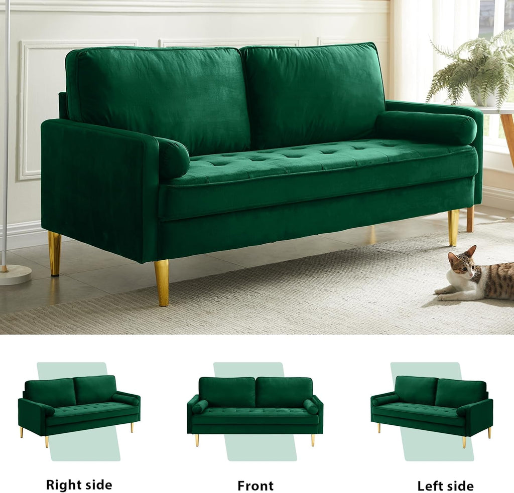 67" Modern Velvet Loveseat Sofa Couch, Mid-Century Tufted Upholstered Small Love Seat Couch with 2 Pillows & 4 Golden Legs, 2-Seats Couches for Compact Space, Living Room, Apartment (Emerald)