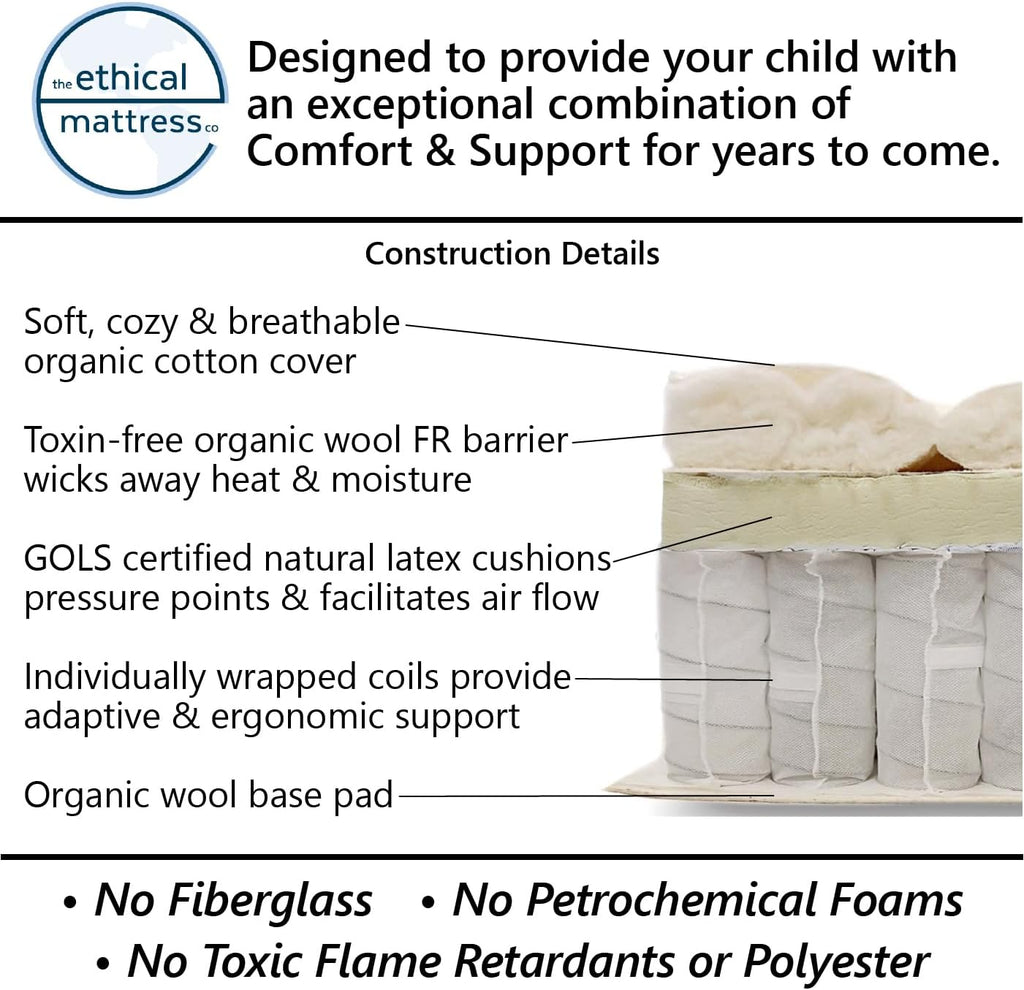 Ethical Mattress CO 6" Kid's Mattress, Toxin-Free, Made in The USA with Organic Cotton, Wool, Latex & Pocketed Coils (Bed-in-a-Box); Perfect for bunk beds, trundles & Platform beds - Twin Size