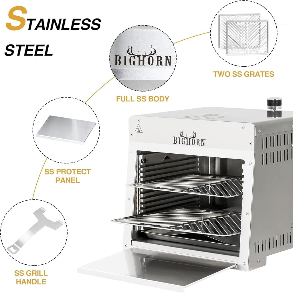 BIG HORN OUTDOORS 1500°F Small Infrared Propane Gas Grill – Portable Steak Broiler & Sear Station  Outdoor Salamander BBQ with Pizza Stone  Stainless Steel