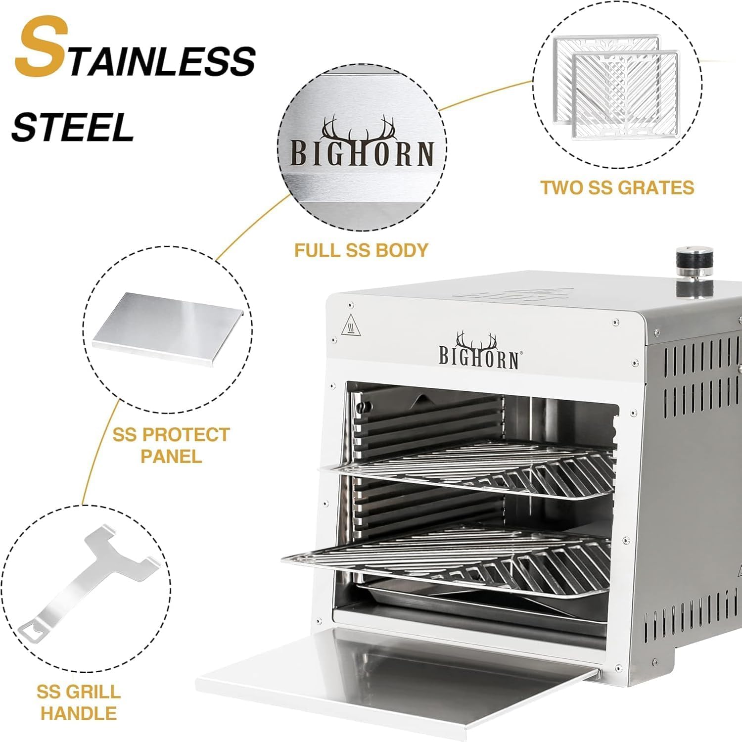 BIG HORN OUTDOORS 1500°F Small Infrared Propane Gas Grill – Portable Steak Broiler & Sear Station  Outdoor Salamander BBQ with Pizza Stone  Stainless Steel