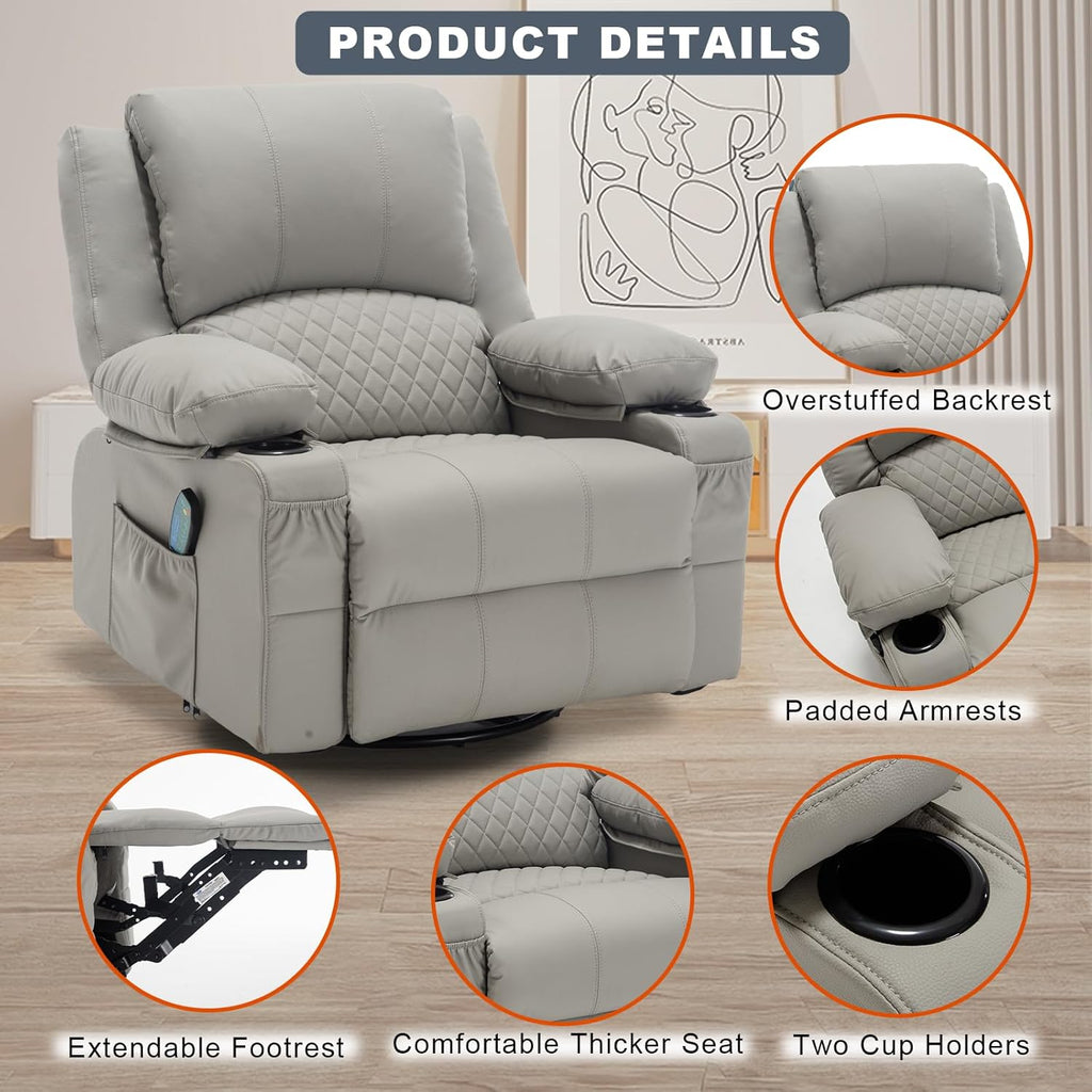 Leather Recliner Chair with Heat and Massage Cup Holder, Thickly Padded Overstuffed Rocking Glider Chair, Swivel Rocker Recliner Chair for Nursery, Grey