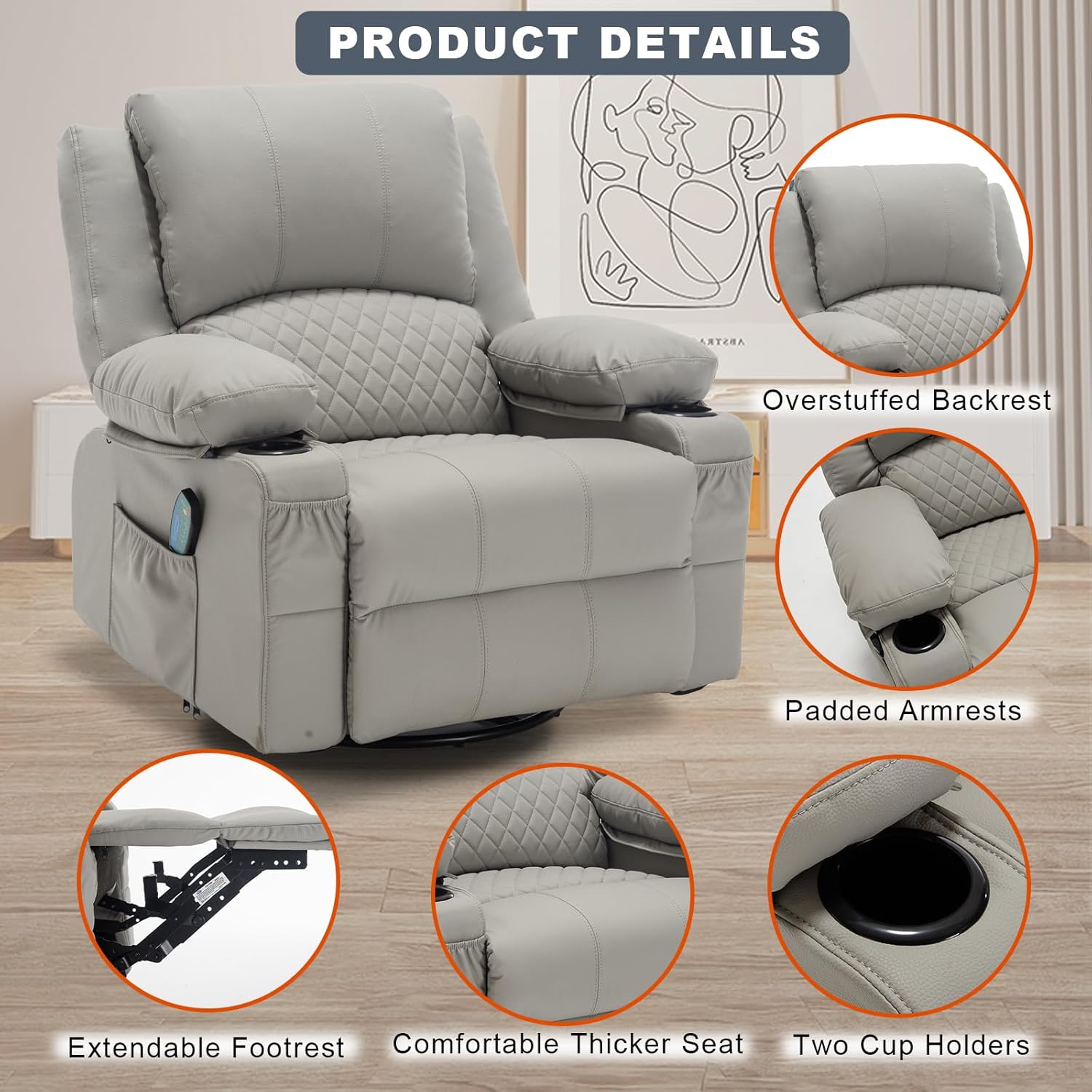 Leather Recliner Chair with Heat and Massage Cup Holder, Thickly Padded Overstuffed Rocking Glider Chair, Swivel Rocker Recliner Chair for Nursery, Grey
