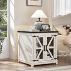 Farmhouse End Table with Charging Station Set 2, 24" Large Sofa Side Table with Glass Barn Door,White Nightstand with Adjustable Storage Shelf,Wood Square Bedside Table for Living Room,Bedroom