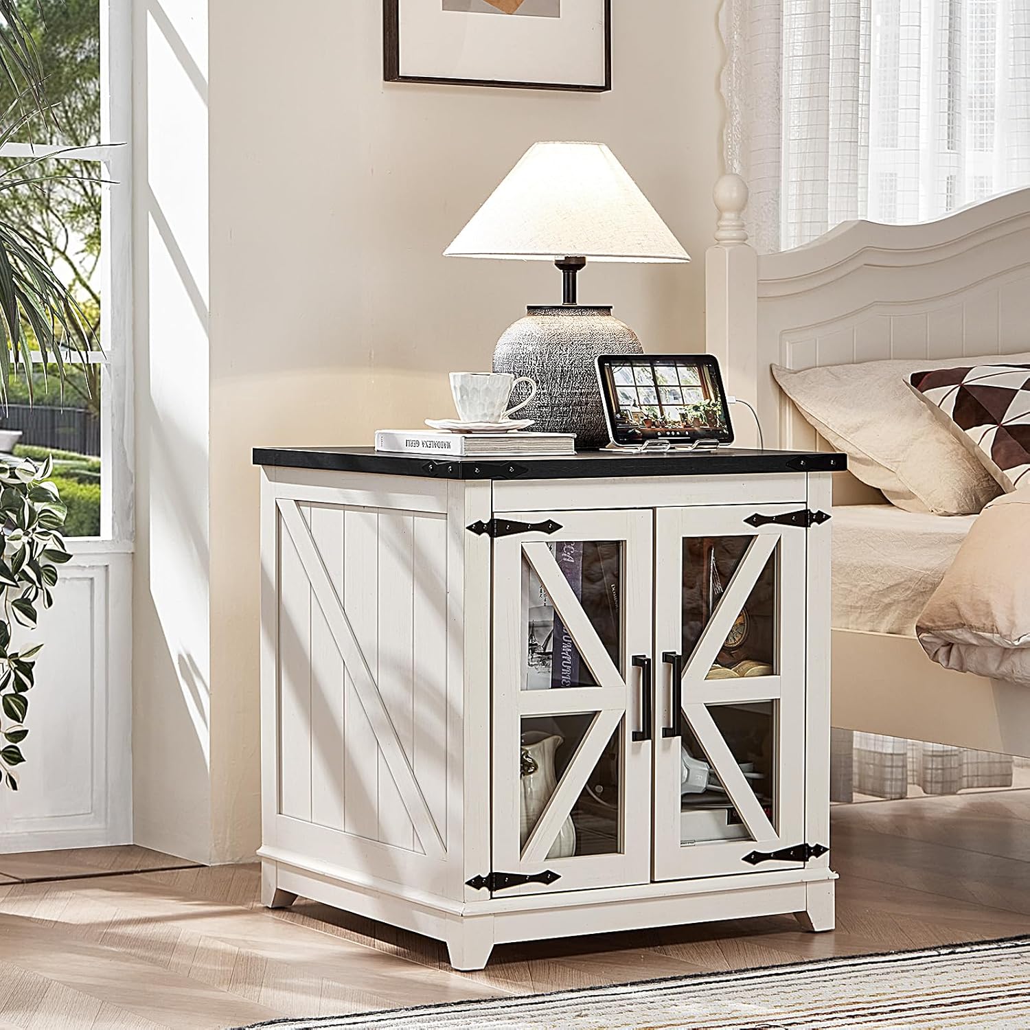 Farmhouse End Table with Charging Station Set 2, 24" Large Sofa Side Table with Glass Barn Door,White Nightstand with Adjustable Storage Shelf,Wood Square Bedside Table for Living Room,Bedroom