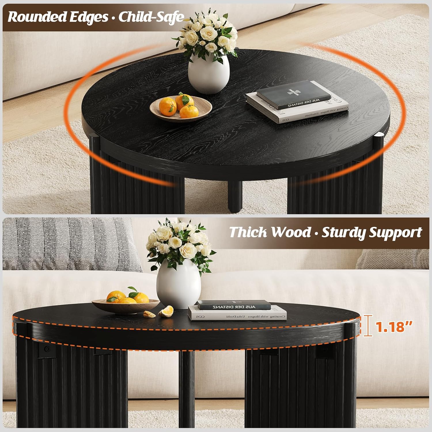 Luoxiao 27.5" Round Black Coffee Table for Living Room, Mid Century Modern Fluted Wood Center Table, Circular Sofa Table with Ribbed Base & Non-Slip Footpads for Small Space, Apartment, Easy Assembly