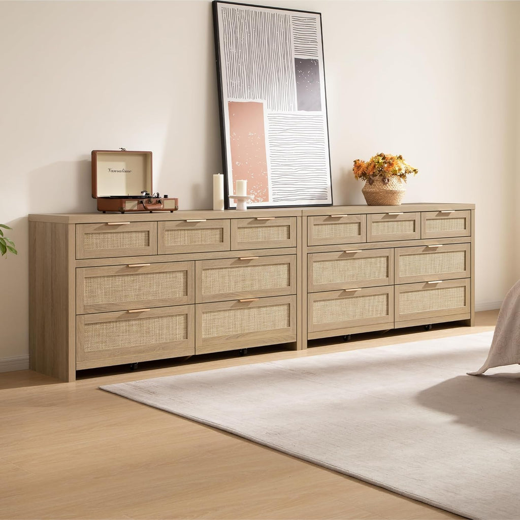 SICOTAS 7 Drawer Dresser for Bedroom, 57" Wide Rattan Dressers, Large Chest of Drawers for Bedroom, Dresser TV Stand, Boho Closet Organizer (Reclaimed Light Oak, 7 Drawers (1 pc))