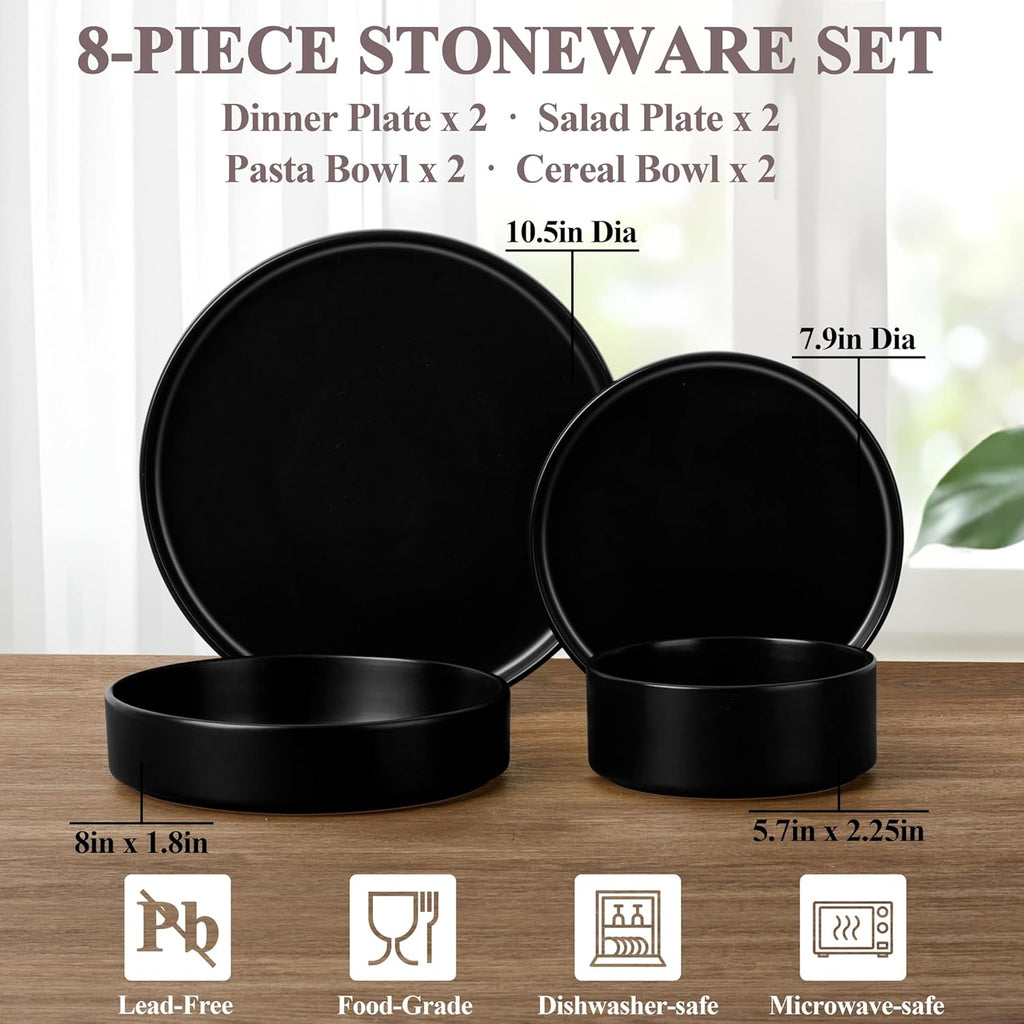Herogo Dinnerware Sets with Pasta Bowls for 2, 8 Piece Dinner Salad Plates and Cereal Bowls, Stoneware Serving Dishes Dinner Ware for Home Kitchen, Dishwasher & Microwave Safe Dishware, Matte Black