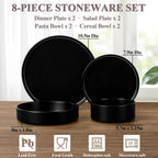 Herogo Dinnerware Sets with Pasta Bowls for 2, 8 Piece Dinner Salad Plates and Cereal Bowls, Stoneware Serving Dishes Dinner Ware for Home Kitchen, Dishwasher & Microwave Safe Dishware, Matte Black