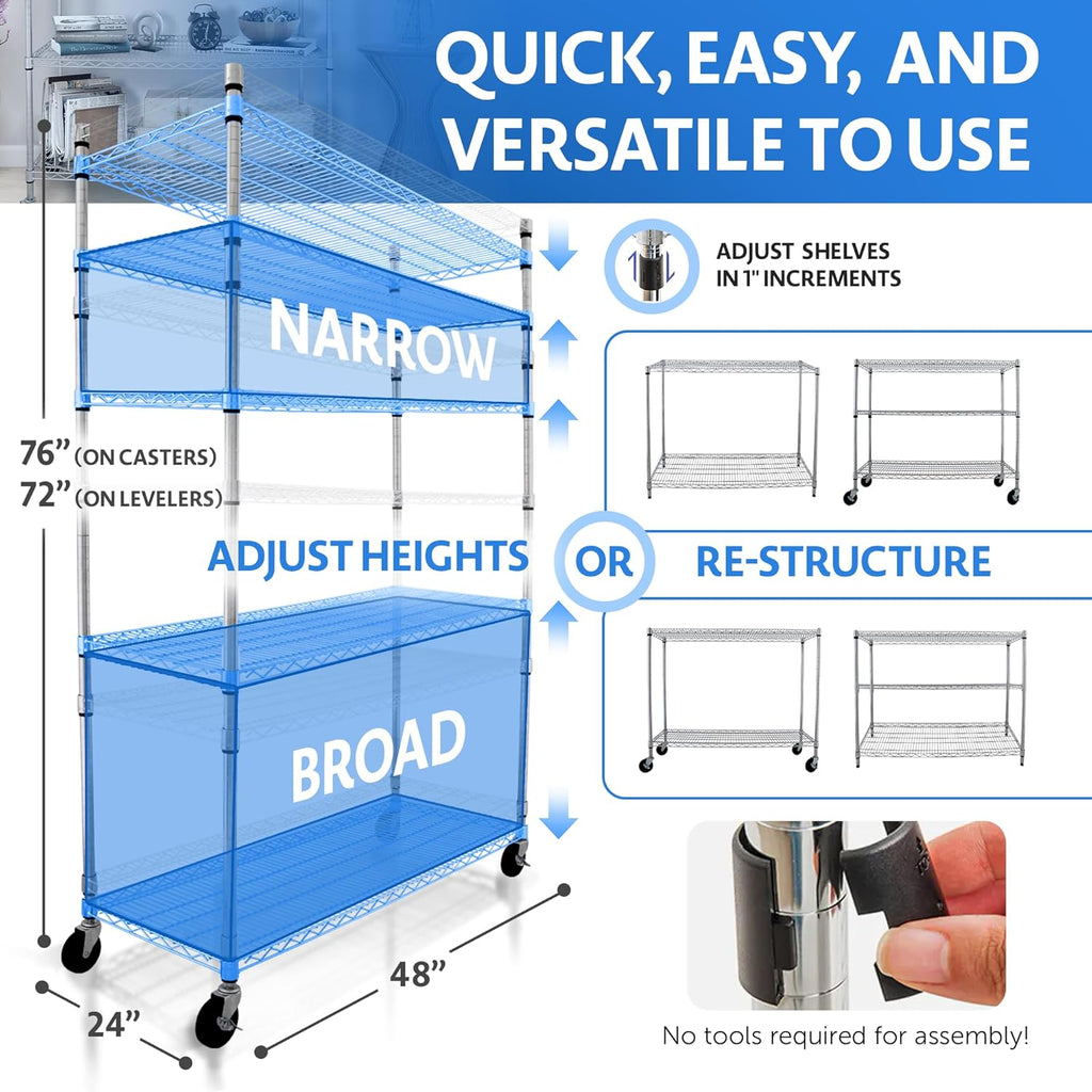 4000 LBS Heavy Duty Wire Rack, 48 x 24 x 76, 5-Tier NSF Commercial Rolling Rack with 4" Industrial Casters, Chrome Metal Wire Shelving for Garage, Kitchen, Adjustable Storage Shelf, Crescent