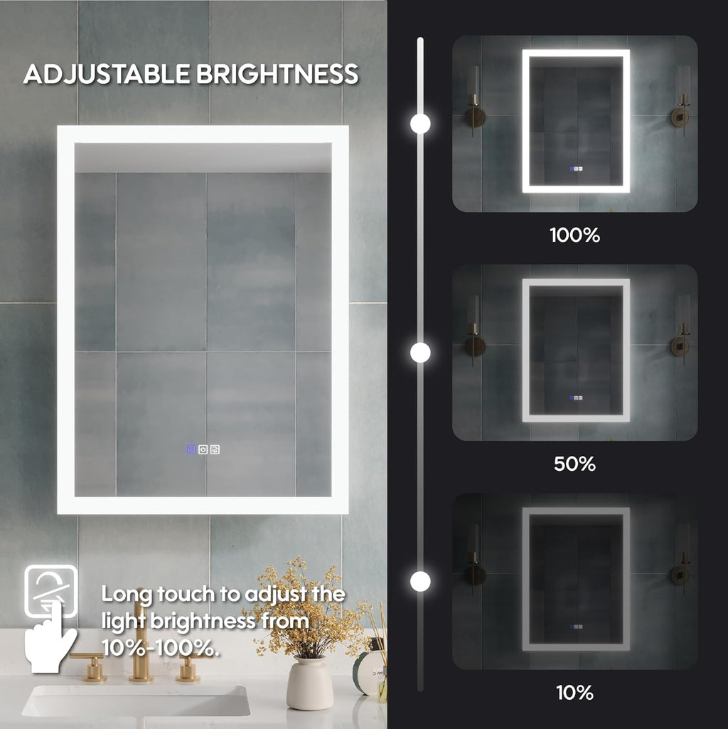 WELLFOR 24 x 32 Inch LED Medicine Cabinet with Lights, 3X Magnification Makeup Mirror, Bathroom Vanity Mirror Cabinet with Storage, Anti Fog, Surface or Recess Mount, Right Opening Door