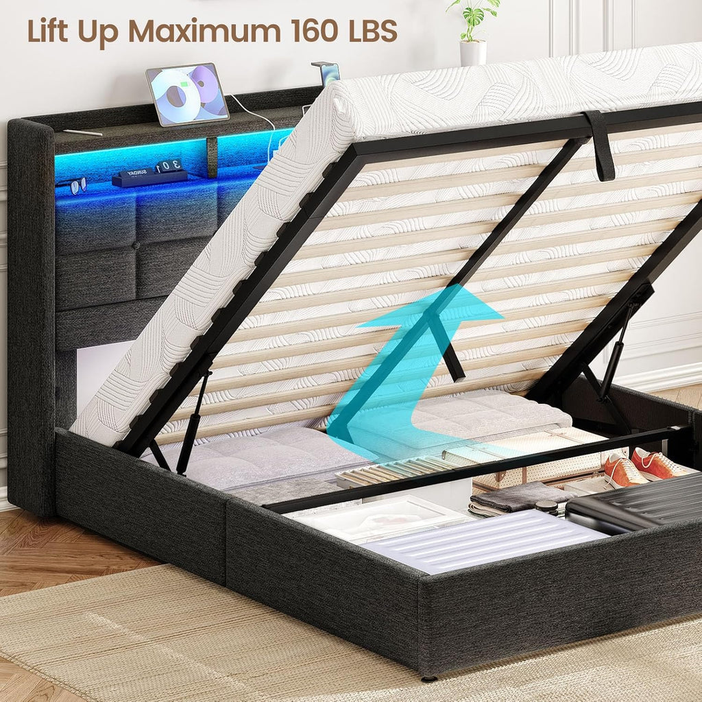 Lift Up Full Size Bed Frame with Storage, Upholstered Full Bed Frame with LED Lights Headboard and Charging Station, No Box Spring Needed, Easy Assembly - Dark Grey