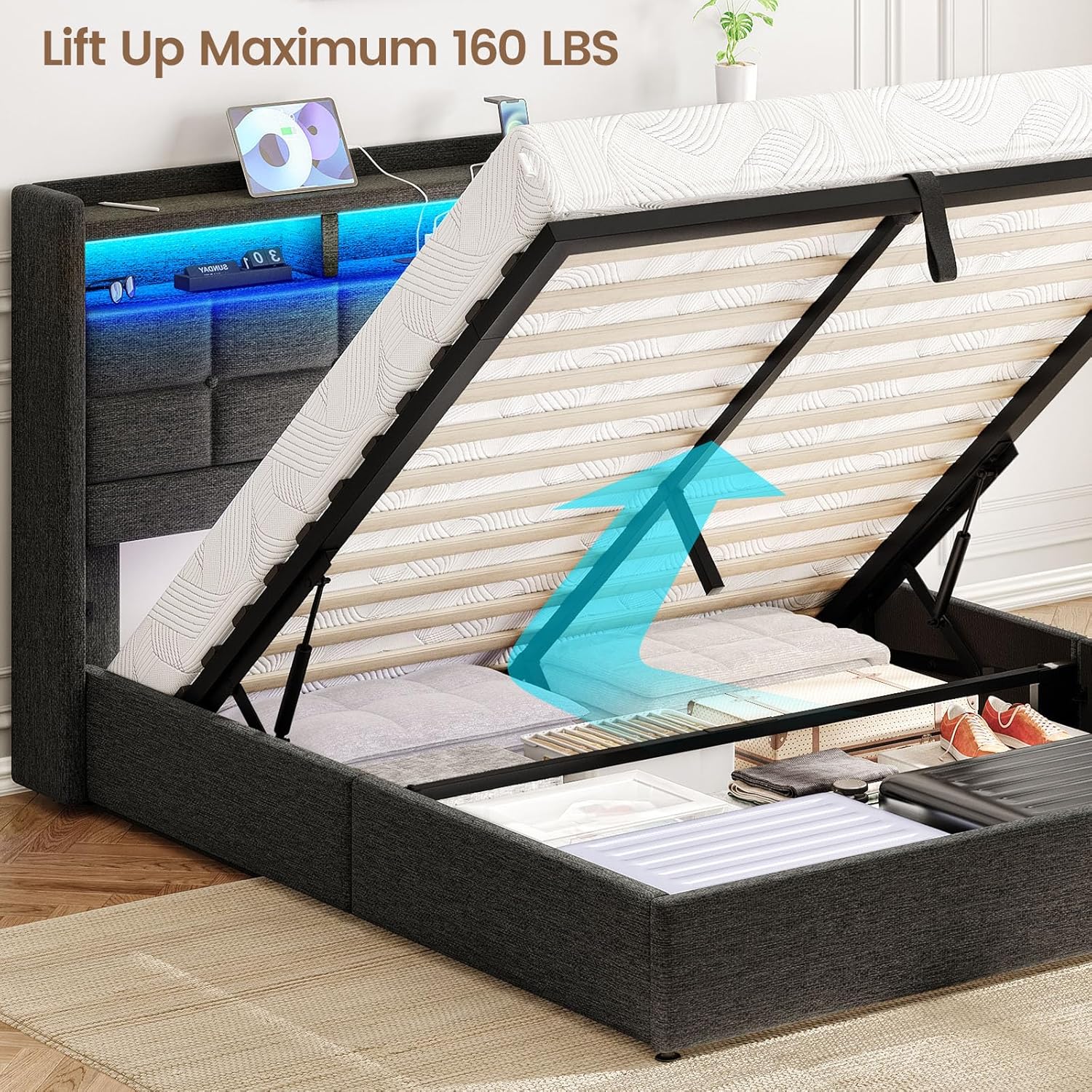 Lift Up Full Size Bed Frame with Storage, Upholstered Full Bed Frame with LED Lights Headboard and Charging Station, No Box Spring Needed, Easy Assembly - Dark Grey