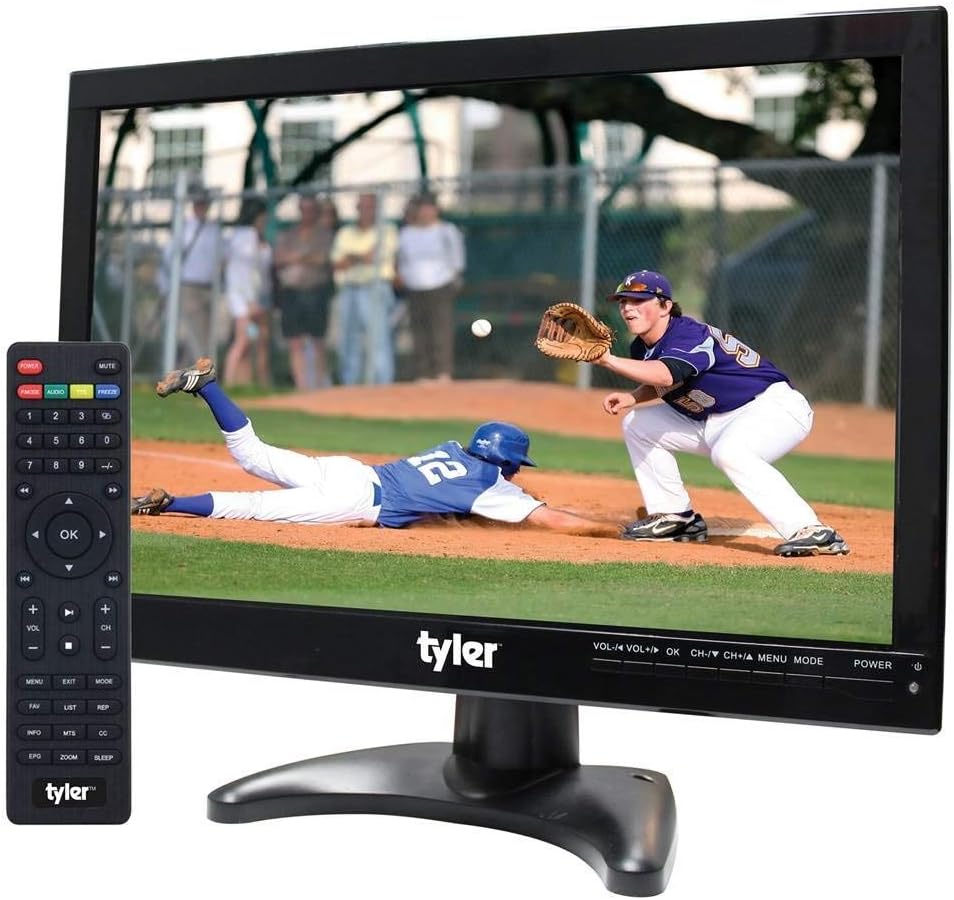Tyler 14” Portable TV LCD Monitor 1080P Rechargeable Lithium Battery Operated, 2 Antenna, HDMI, USB, RCA, FM Radio, Digital Tuner, AV Inputs, AC/DC, TV Stand and Remote Control for Car Travel