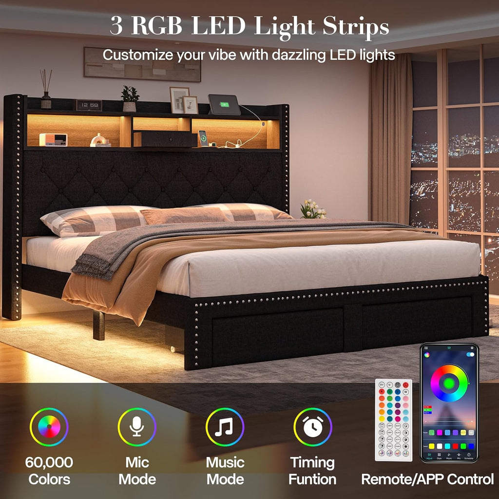 Linen Full Size Bed Frame with 2-Tier Storage Headboard and Charging Station, Upholstered Platform Bed Frames with 2 Storage Drawers, Wooden Slats Support, No Box Spring Needed, Black