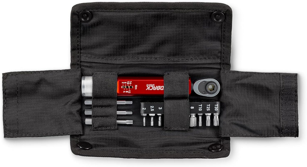 Feedback Sports | Range Click Torque Wrench Set | Adjustable Torque Ratchet Bit Driver [2-14Nm] | 13 S2 Steel Hex & Torx Bits | TPU Protective Carrying Case | Bicycle Tool Kit | Mini Torque Wrench
