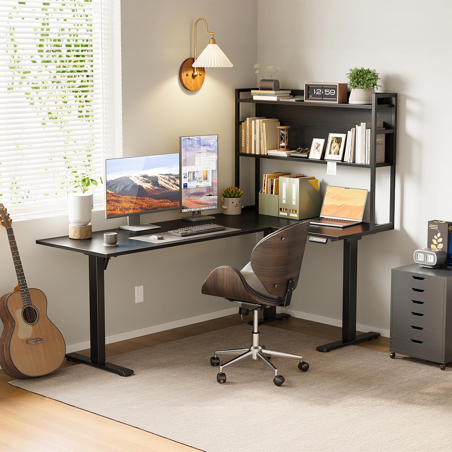 OffiGo L Shaped Electric Standing Desk, 63 Inch Reversible Corner Stand up Table with Hutch, Height Adjustable Ergonomic Large Lift Table for Home Office, Workstation, Black