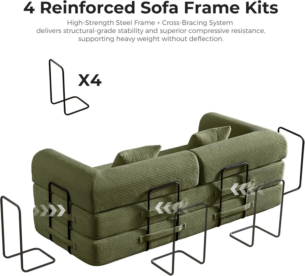 79'' Convertible Sofa Bed, 5-in-1 Folding Corduroy Sleeper Couch with Pull Out Bed, Oversized Modular Floor Sofa, No Assembly, Space-Saving Guest Bed for Apartment Living Room Bedroom (Light Green) | Convertible Sofa Bed