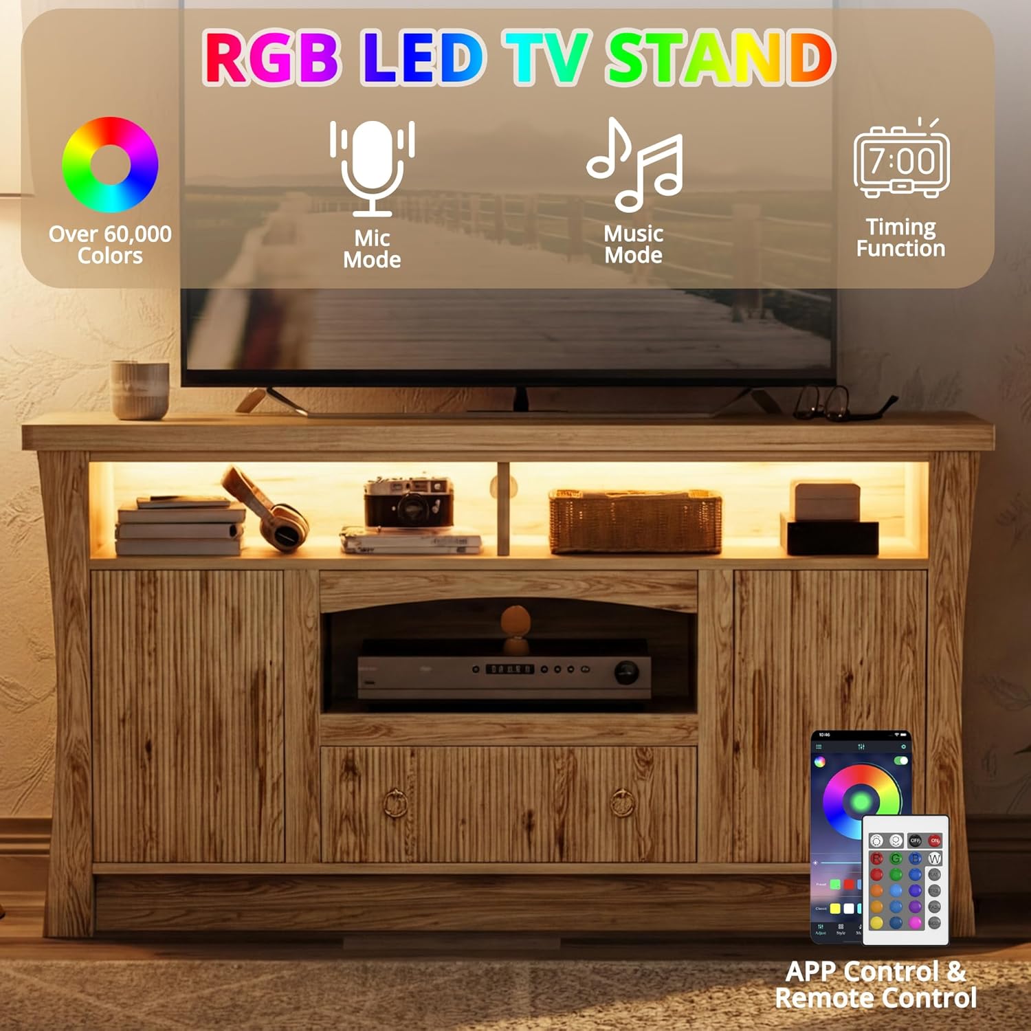 LIKIMIO TV Stand for TVs 65 inch, Entertainment Center with Power Outlet and Led Lights, TV Console with Storage Cabinets and Drawer, Farmhouse TV Stands for Living Room