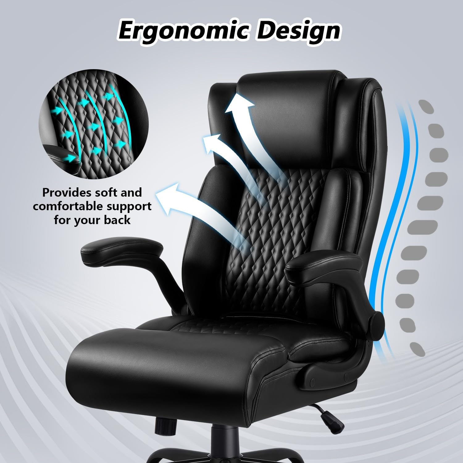 Big and Tall Office Chair 400LBS, Heavy Duty Executive Office Desk Chair with Flip-up Armrest, Ergonomic Swivel High Back Office Chairs with Lumbar Support, PU Leather, Black