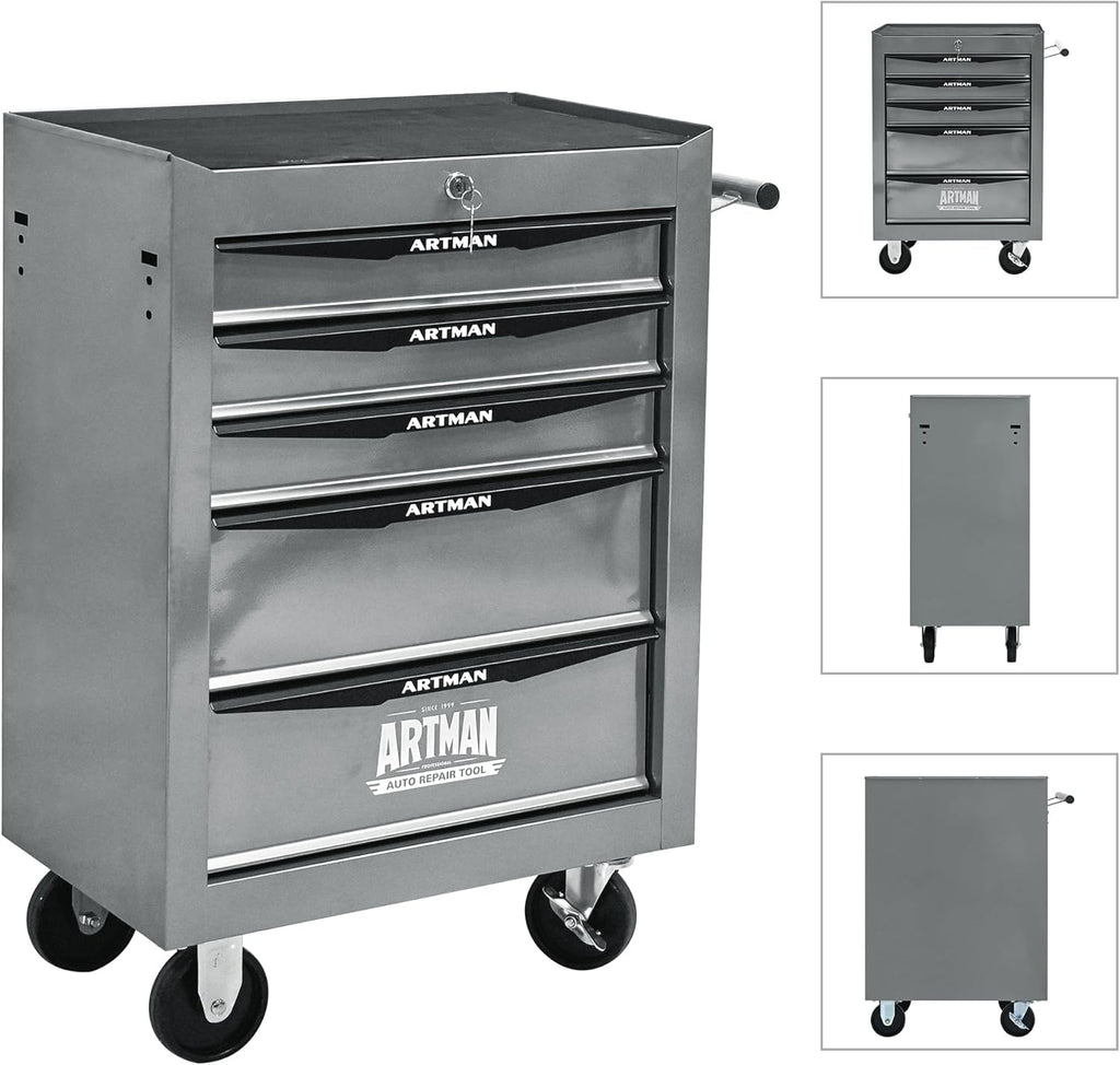 5 Drawers Tool Cart on Wheels, Multifunctional Rolling Tool Chest, Drawers Mobile Trolley Organizer Heavy Duty Tools Box with Locking Wheels & Ball Bearing Drawers (Silver, 5 Drawers)