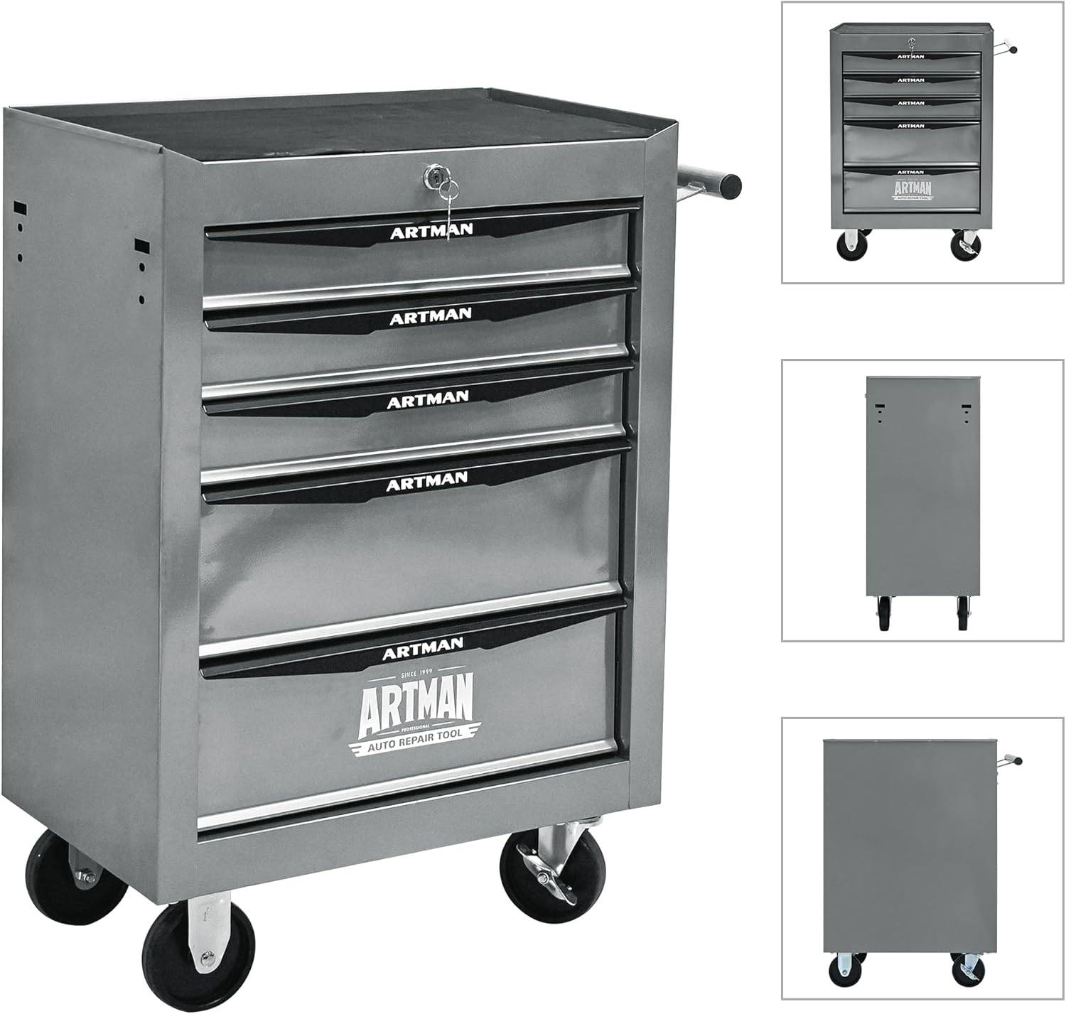 5 Drawers Tool Cart on Wheels, Multifunctional Rolling Tool Chest, Drawers Mobile Trolley Organizer Heavy Duty Tools Box with Locking Wheels & Ball Bearing Drawers (Silver, 5 Drawers)