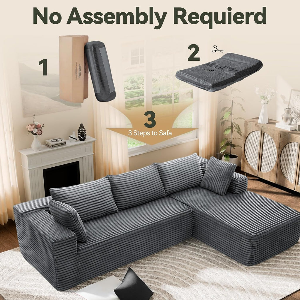 106" Modular Sectional Sofa, Grey Corduroy Cloud Couch with Left Chaise, Deep Seat Boneless Floor Sofa for Living Room, High-Resilience Foam Support, No Assembly Required, Includes Pillows | Sectional Sofa, Corduroy Cloud, Boneless, High-Resilience,