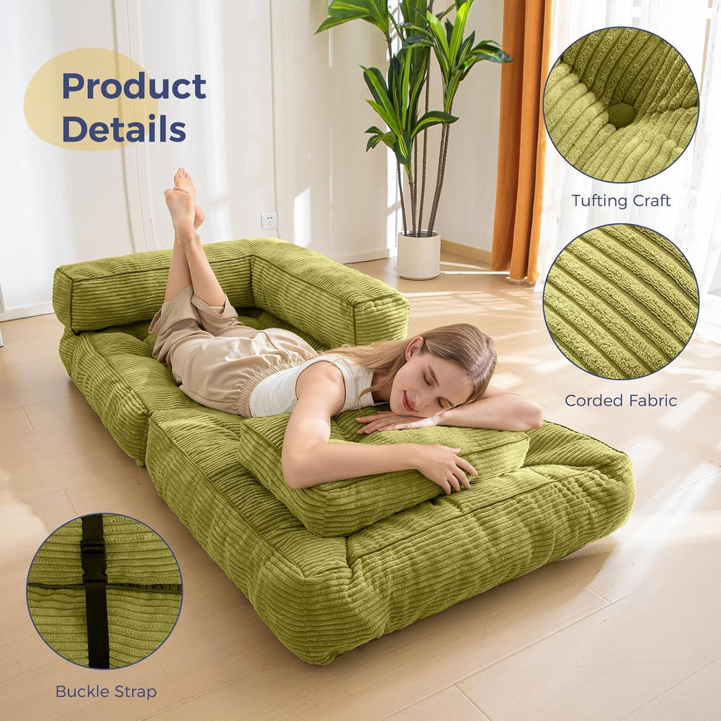 MAXYOYO Folding Sofa Bed, L-Shaped Convertible Sofa Bed with Armrest Foldable Sleeper with Pillow, Portable Fold Out Chair Bed Comfy Floor Sofa Lounge for Living Room Bedroom, Green