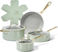 Chef Power Ceramic Cookware Sets, 10Pcs Pots and Pans Set Non Stick, Cookware Set with Stainless Steel Handle, Dishwasher & Oven Safe, Sage Green and Granite Grey