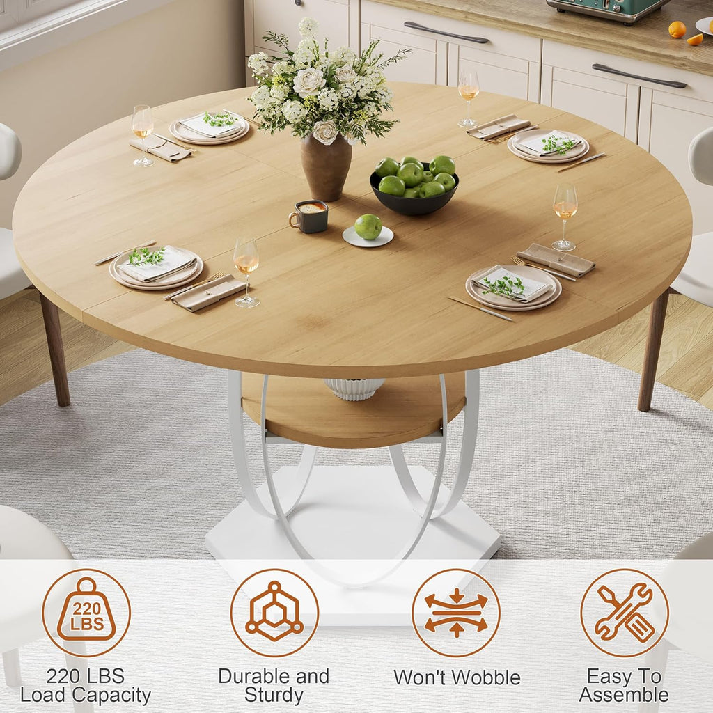 47.2" Round Dining Table for 4-6, Circle Kitchen Table with Open Storage Shelf, Modern Wooden Dinner Table with Metal Pedestal Base, Dining Room Tables for Kitchen Small Space, Natural Wood